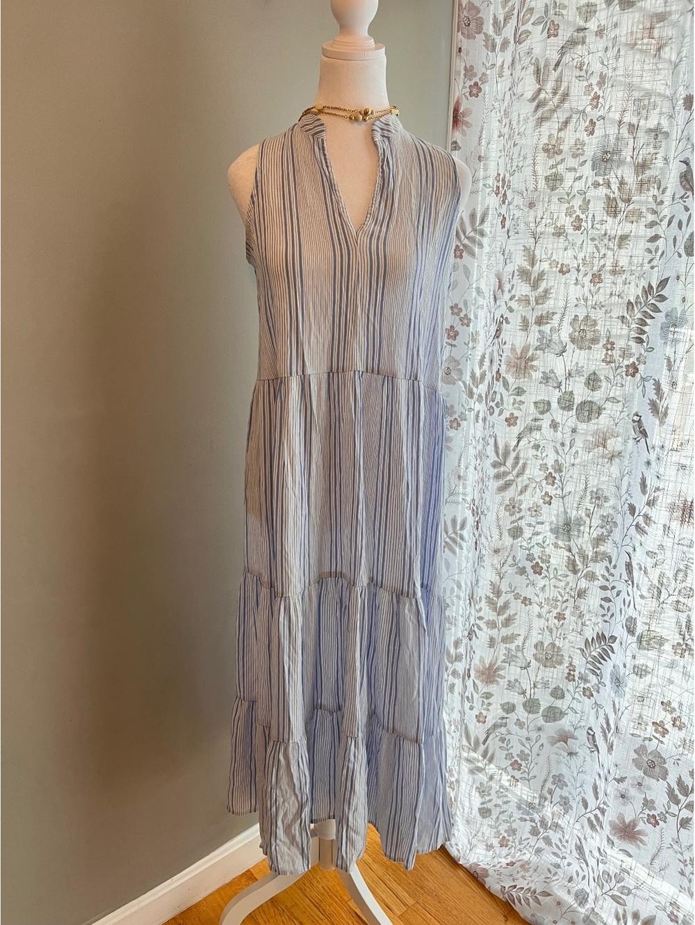 Banana Republic Striped Tiered Gauze Midi Dress - Sleeveless Blue & White Small